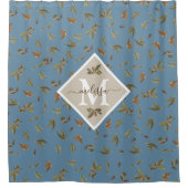 Dusty Blue Rustic Brown Leaves Monogramed Douchegordijn (Voorkant)