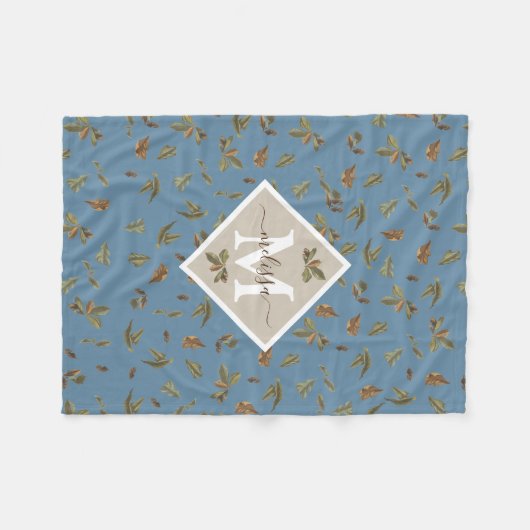 Dusty Blue Rustic Brown Leaves Monogramed Fleece Deken (Voorkant (Horizontaal))