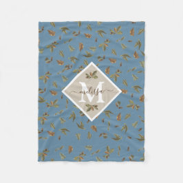 Dusty Blue Rustic Brown Leaves Monogramed Fleece Deken