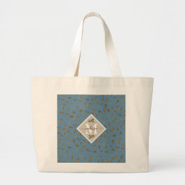 Dusty Blue Rustic Brown Leaves Monogramed Grote Tote Bag