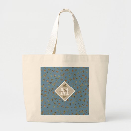 Dusty Blue Rustic Brown Leaves Monogramed Grote Tote Bag (Voorkant)