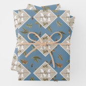 Dusty Blue Rustic Brown Leaves Monogramed Inpakpapier Vel (In situ)