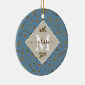 Dusty Blue Rustic Brown Leaves Monogramed Keramisch Ornament (Rechts)