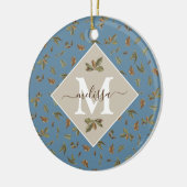 Dusty Blue Rustic Brown Leaves Monogramed Keramisch Ornament (Links)