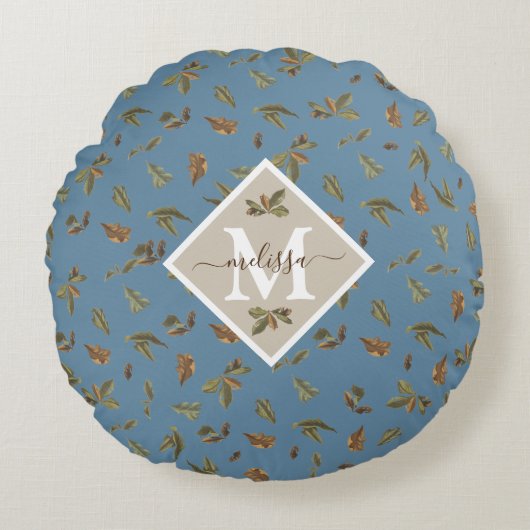 Dusty Blue Rustic Brown Leaves Monogramed Rond Kussen (Voorkant)