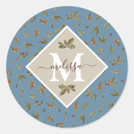 Dusty Blue Rustic Brown Leaves Monogramed Ronde Sticker