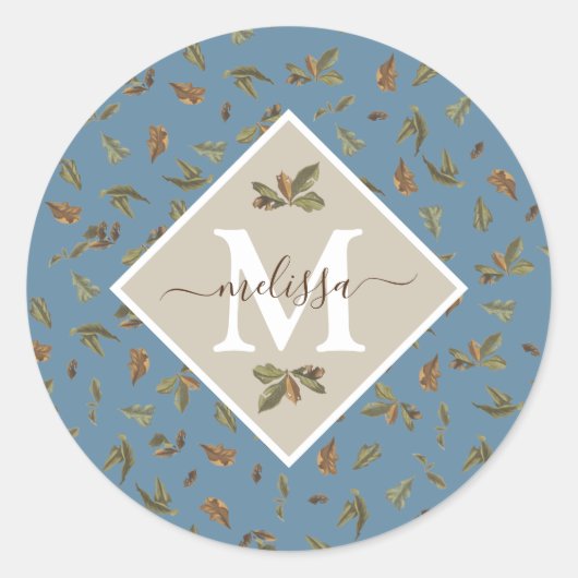 Dusty Blue Rustic Brown Leaves Monogramed Ronde Sticker (Voorkant)