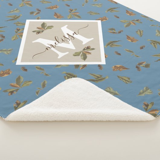 Dusty Blue Rustic Brown Leaves Monogramed Sherpa Deken (3/4)