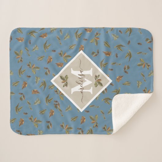 Dusty Blue Rustic Brown Leaves Monogramed Sherpa Deken (Voorkant (horizontaal))