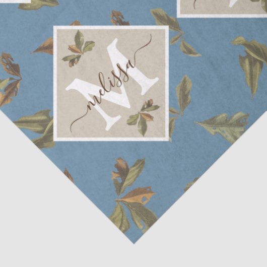 Dusty Blue Rustic Brown Leaves Monogramed Tissuepapier (Detail)