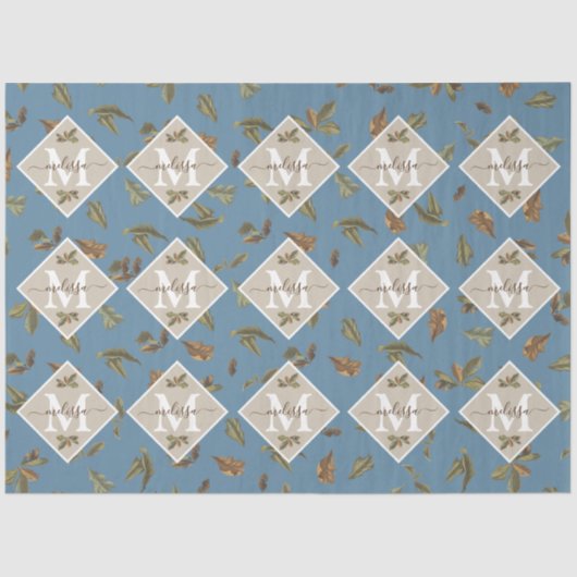 Dusty Blue Rustic Brown Leaves Monogramed Tissuepapier (Voorkant)