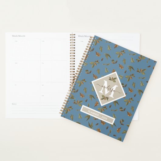 Dusty Blue Rustic Brown Leaves Monogramed Yarly Planner (Display)