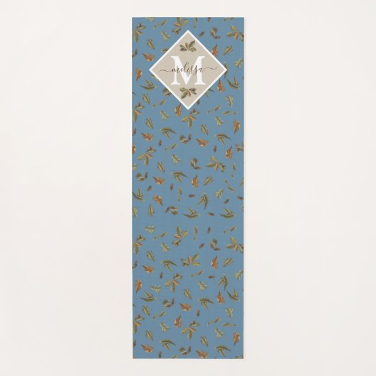 Dusty Blue Rustic Brown Leaves Monogramed Yogamat (Voorkant)