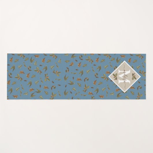 Dusty Blue Rustic Brown Leaves Monogramed Yogamat (Voorkant (horizontaal))