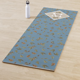 Dusty Blue Rustic Brown Leaves Monogramed Yogamat