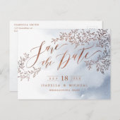 Dusty blue rustic floral calligraphy save the date aankondigingskaart (Voorkant / Achterkant)