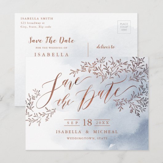 Dusty blue rustic floral calligraphy save the date aankondigingskaart (Voorkant / Achterkant)
