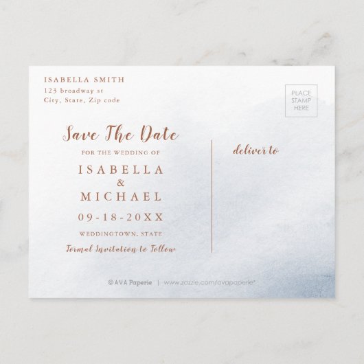 Dusty blue rustic floral calligraphy save the date aankondigingskaart (Achterkant)