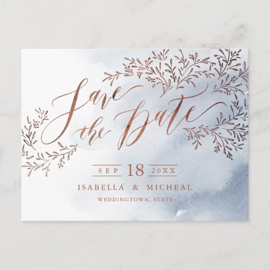 Dusty blue rustic floral calligraphy save the date aankondigingskaart (Voorkant)