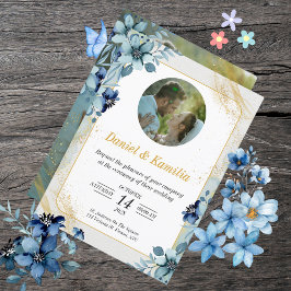 Dusty Blue Rustic Floral Wedding Uitnodigen met Fo Kaart
