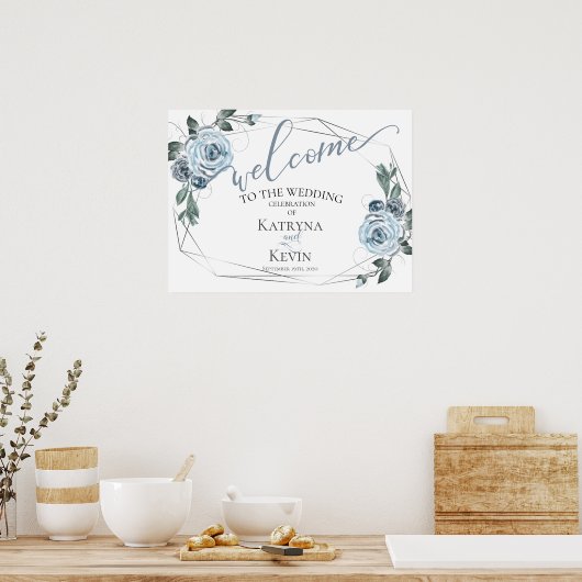 Dusty Blue Rustic Floral Wedding Welcome Poster (Keuken)