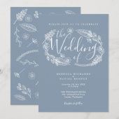 Dusty Blue Rustic handgetekende Floral Script Wedd Kaart (Voorkant / Achterkant)