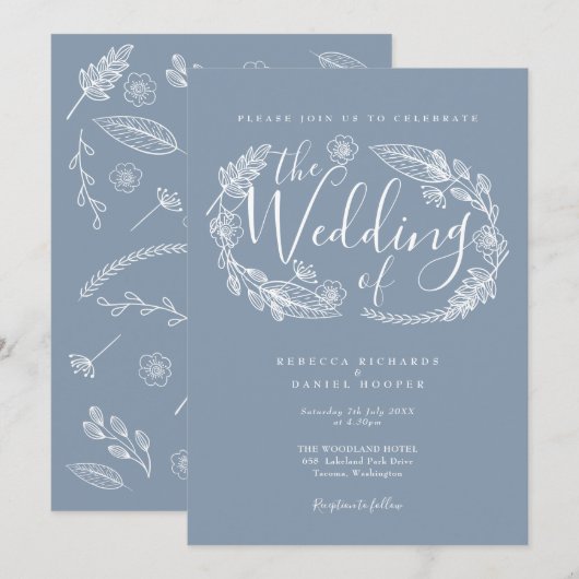 Dusty Blue Rustic handgetekende Floral Script Wedd Kaart (Voorkant / Achterkant)