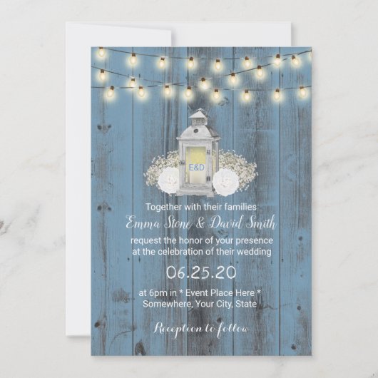 Dusty Blue Rustic Lantern & String Lights Wedding Kaart (Voorkant)