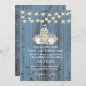 Dusty Blue Rustic Lantern & String Lights Wedding Kaart (Voorkant / Achterkant)