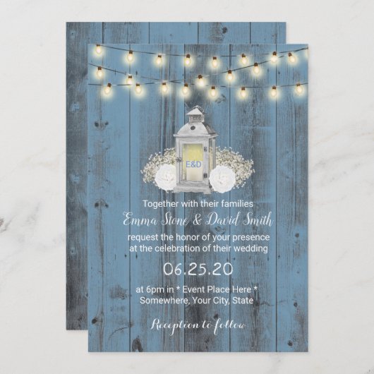 Dusty Blue Rustic Lantern & String Lights Wedding Kaart (Voorkant / Achterkant)