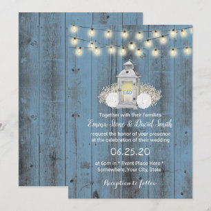 Dusty Blue Rustic Lantern & String Lights Wedding Kaart