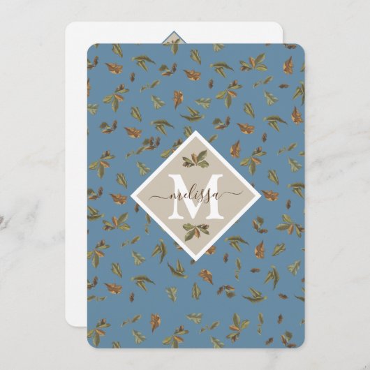 Dusty Blue Rustic Leaves Monogrammed Note Card Bedankkaart (Voorkant / Achterkant)