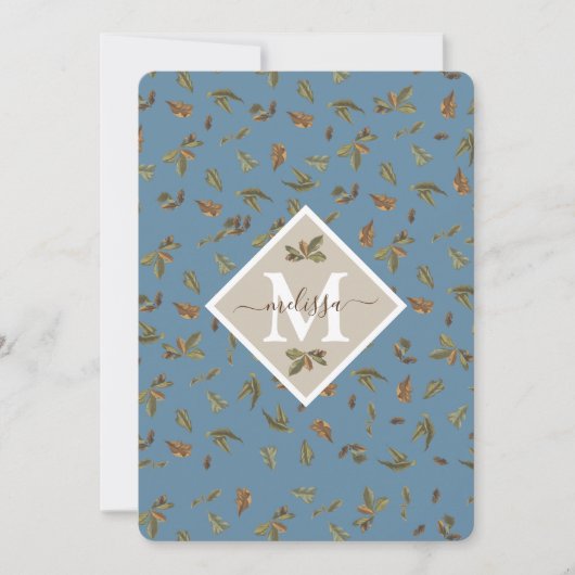 Dusty Blue Rustic Leaves Monogrammed Note Card Bedankkaart (Voorkant)