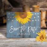 Dusty Blue Rustic Sunflower Wedding Save the Date Aankondigingskaart<br><div class="desc">Rustic Sunflower & String Lights Dusty Blue Barn Wedding Save the Date Announcement.</div>