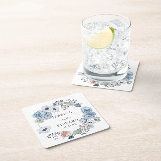 Dusty Blue Rustic Wedding Floral Kartonnen Onderzetters (Insitu)