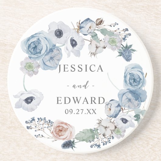 Dusty Blue Rustic Wedding Floral Zandsteen Onderzetter (Voorkant)