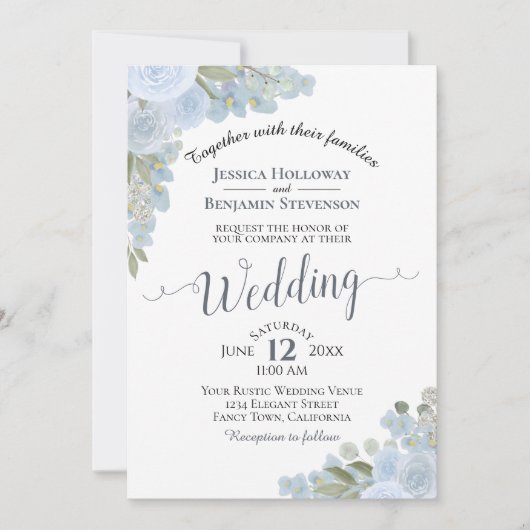 Dusty Blue Rustic White Waterverf Floral Wedding Kaart (Voorkant)