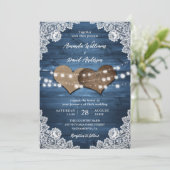 Dusty Blue Rustic Wood Burlap Lights Wedding Kaart (Staand voorkant)