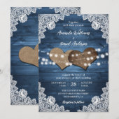 Dusty Blue Rustic Wood Burlap Lights Wedding Kaart (Voorkant / Achterkant)
