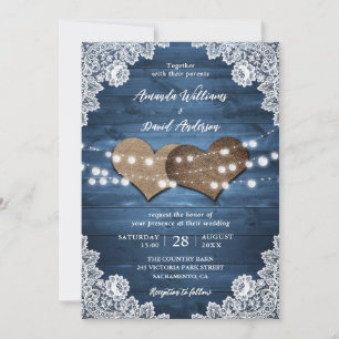 Dusty Blue Rustic Wood Burlap Lights Wedding Kaart