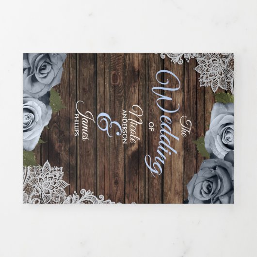 Dusty Blue Rustic Wood Drivoudig Wedding Programme Drieluik Uitnodiging (Cover)