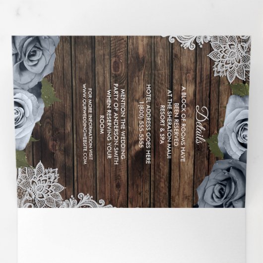 Dusty Blue Rustic Wood Drivoudig Wedding Programme Drieluik Uitnodiging (Binnenzijde eerst)