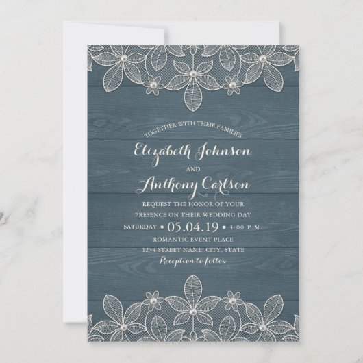 Dusty Blue Rustic Wood Lace en Pearls Wedding Kaart (Voorkant)