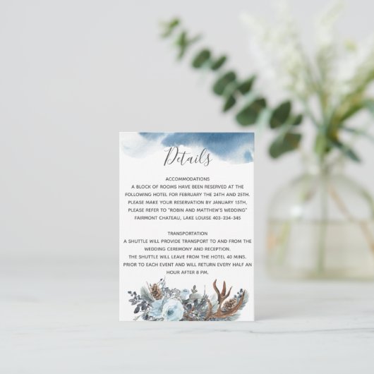 Dusty Blue rustieke bloemenbruiloft details recept Informatiekaartje (Staand voorkant)