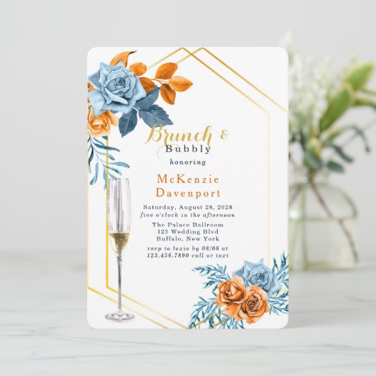 Dusty Blue & Rusty Peony Floral Brunch en Bubble Kaart (Staand voorkant)