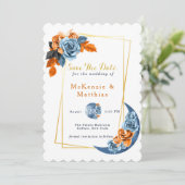Dusty Blue & Rusty Peony Floral Save the Date Kaar Kaart (Staand voorkant)