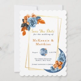 Dusty Blue & Rusty Peony Floral Save the Date Kaar Kaart