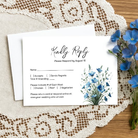 Dusty Blue & Sage Boho Chic Wildflowers Huwelijk RSVP Kaartje