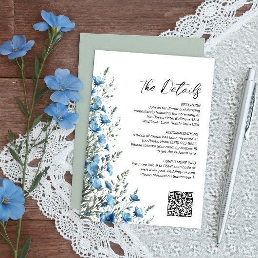 Dusty Blue & Sage Boho Wilde Bloemen QR-code Detai Informatiekaartje