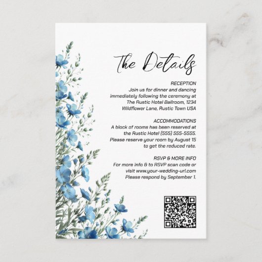 Dusty Blue & Sage Boho Wildflowers QR Code Details Informatiekaartje (Voorkant)